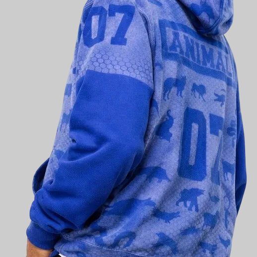 Person wearing a blue camouflage hoodie with text and graphics on a white background