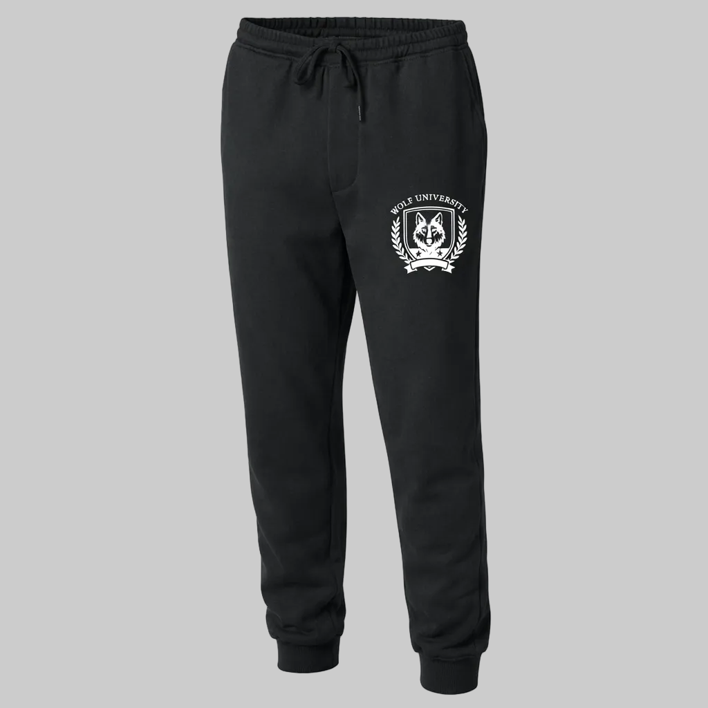 Black sweatpants with a logo on the chest against a white background