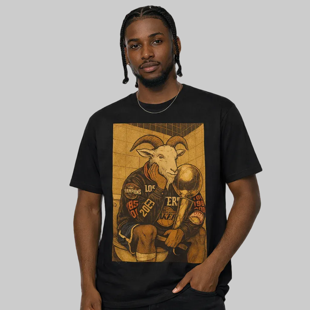 Man wearing a black t-shirt with a graphic design of a ram and text on a white background