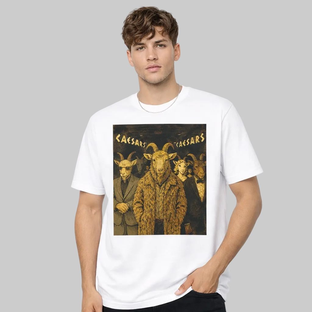 Person wearing a white t-shirt with a graphic design of three goats in suits and the word 'Caesars'.