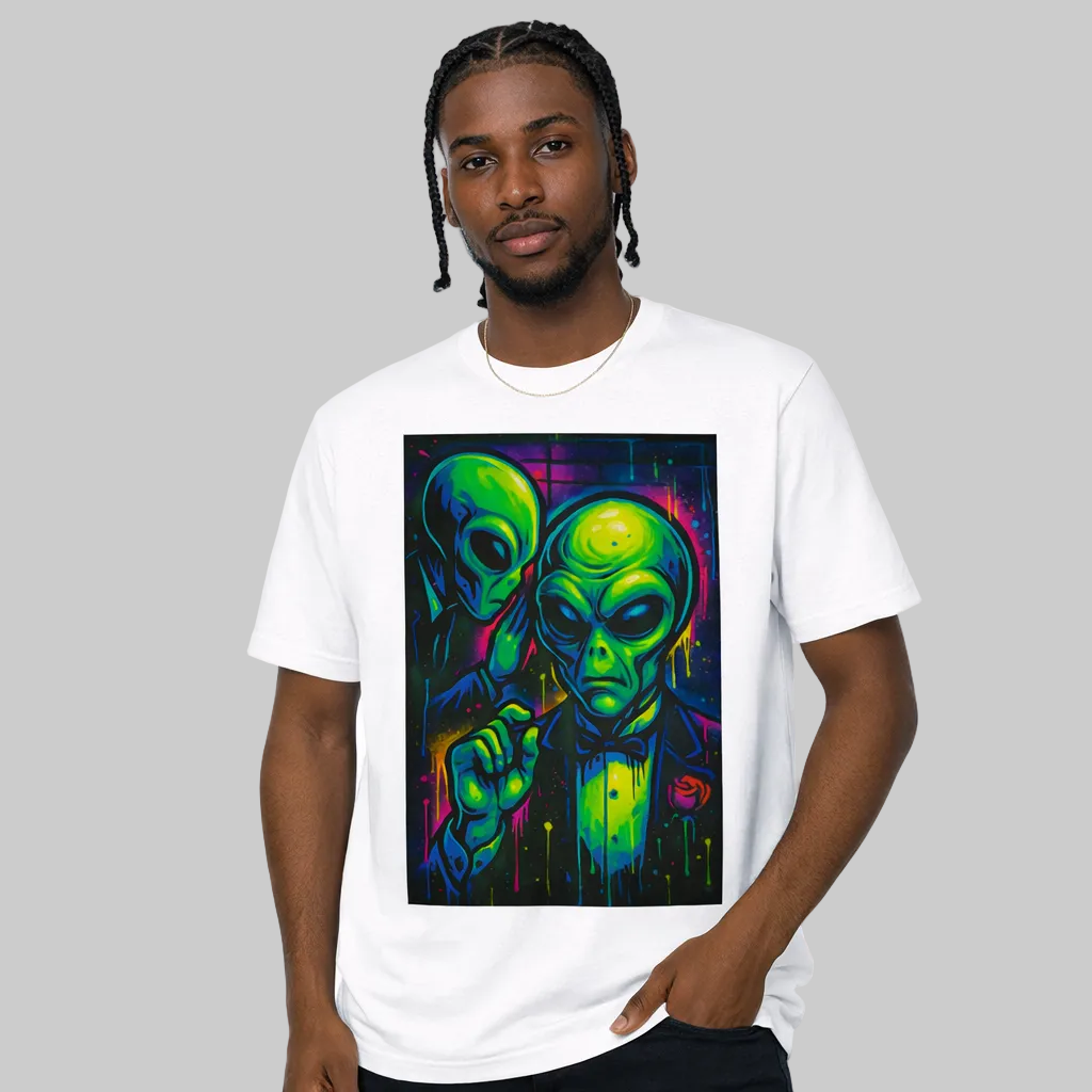 Person wearing a white t-shirt with a colorful alien design on a white background