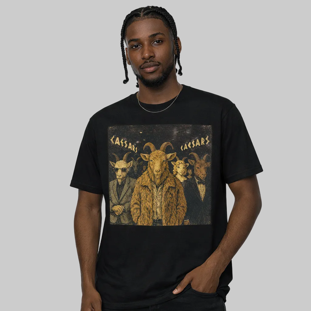 Person wearing a black t-shirt with a graphic design of a goat and text on a white background