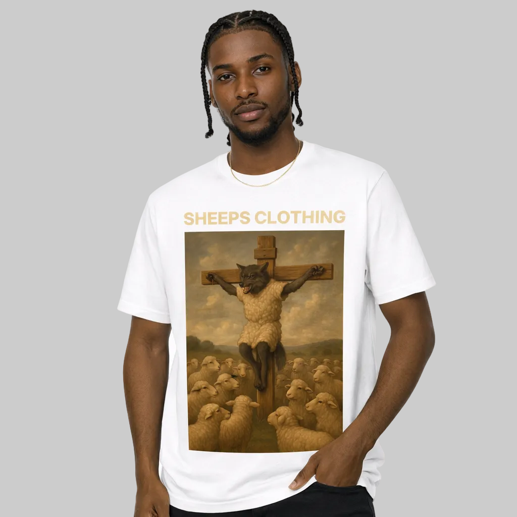 Person wearing a white t-shirt with a graphic design and text 'Sheeps Clothing' on a plain background
