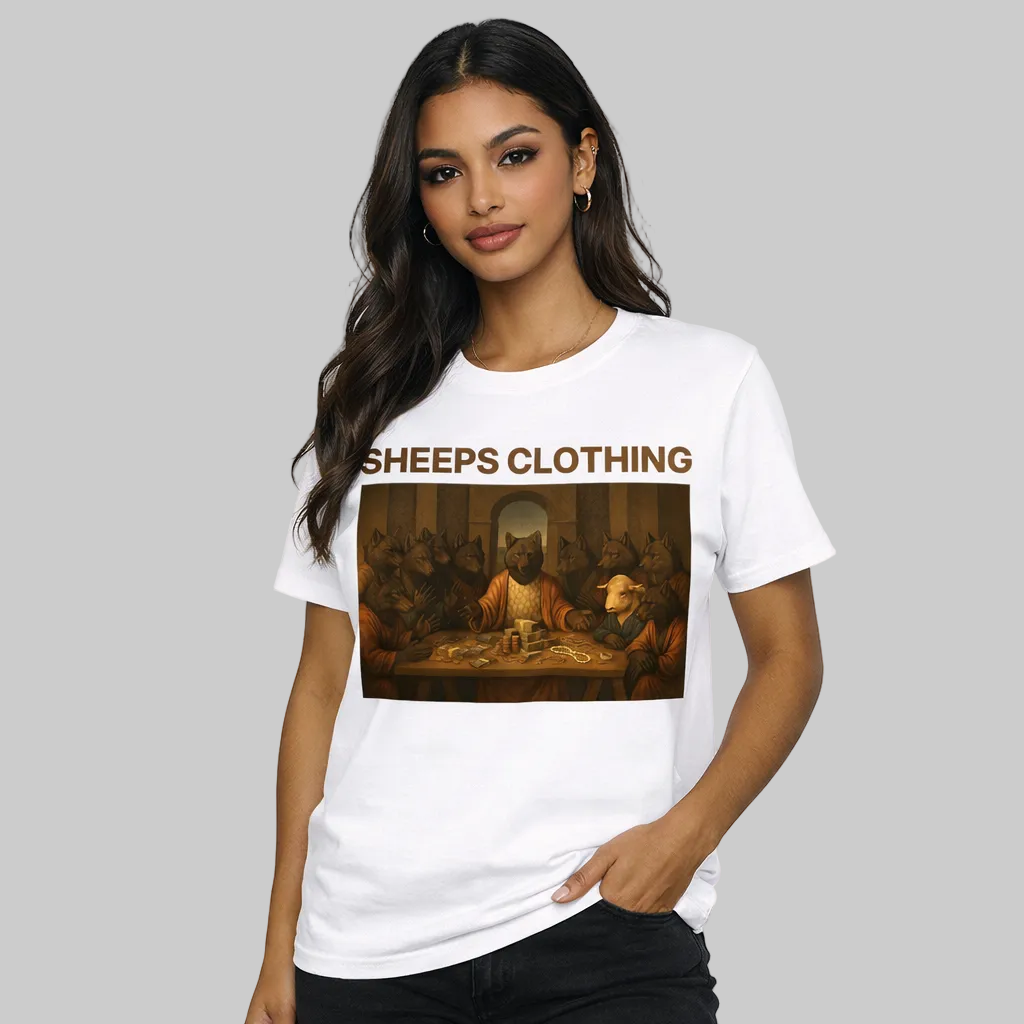 Woman wearing a white t-shirt with a graphic design and 'Sheeps Clothing' text.