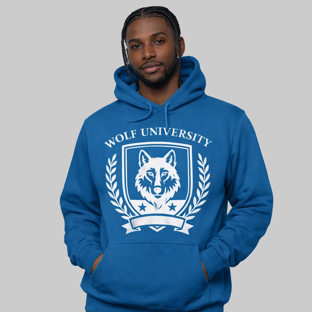 Man wearing a blue hoodie with 'Wolf University' logo on a white background