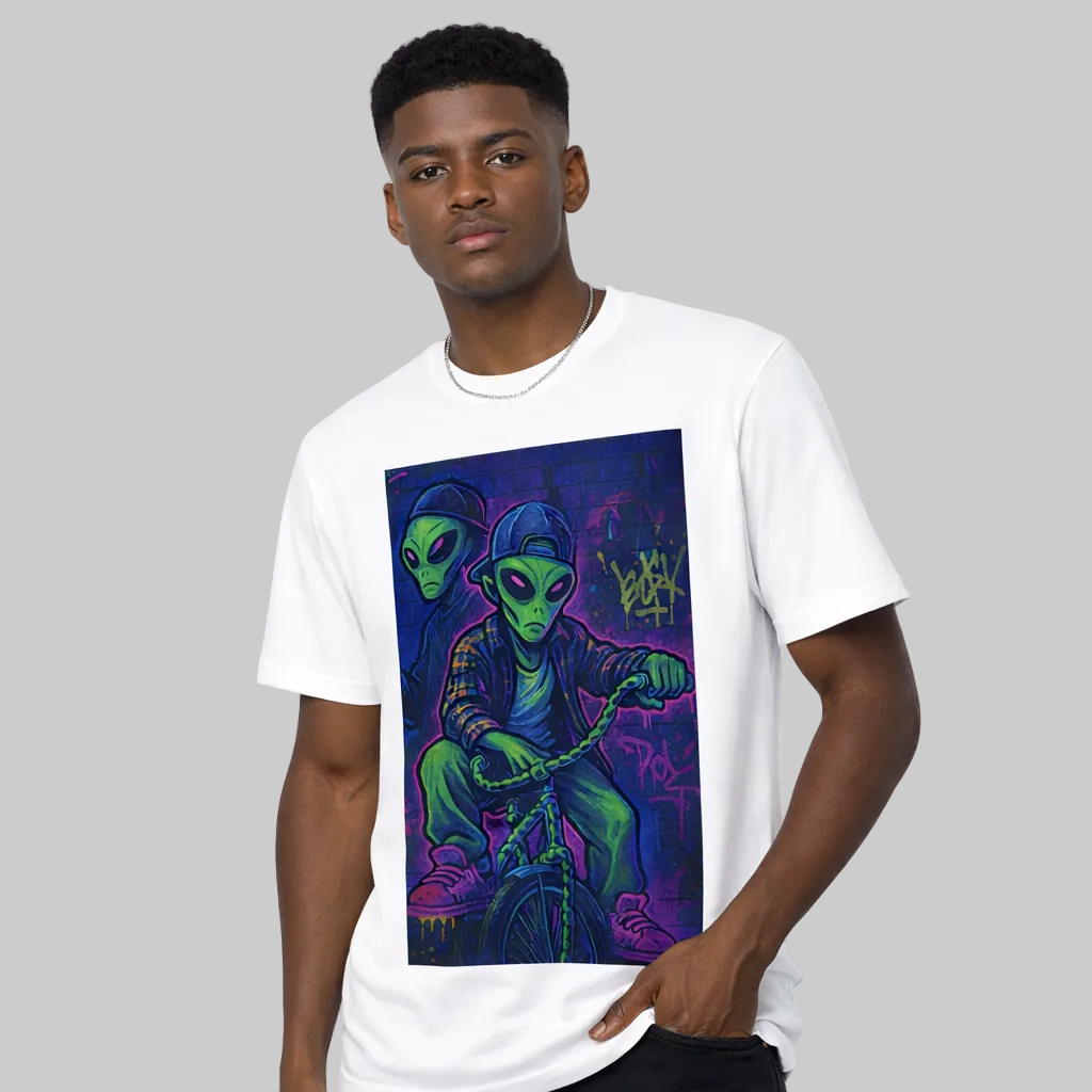 Person wearing a white t-shirt with a colorful alien graphic design on a white background