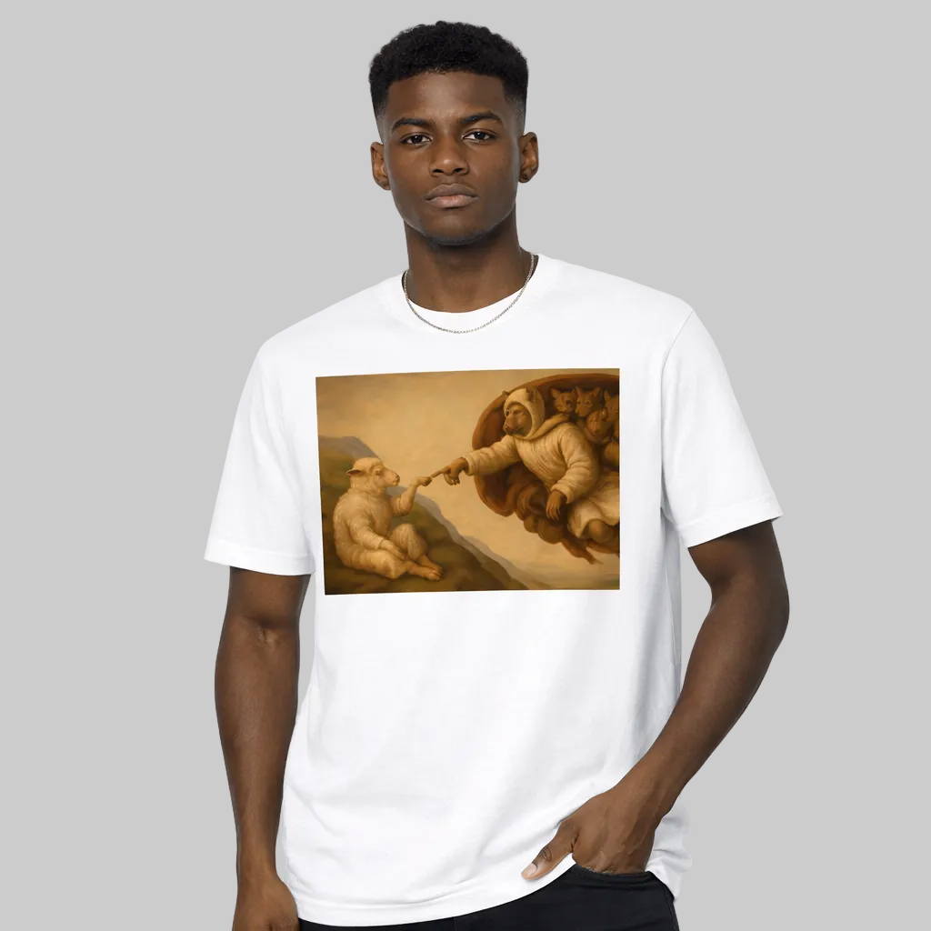 Person wearing a white t-shirt with a graphic design of a person and a dog on a white background