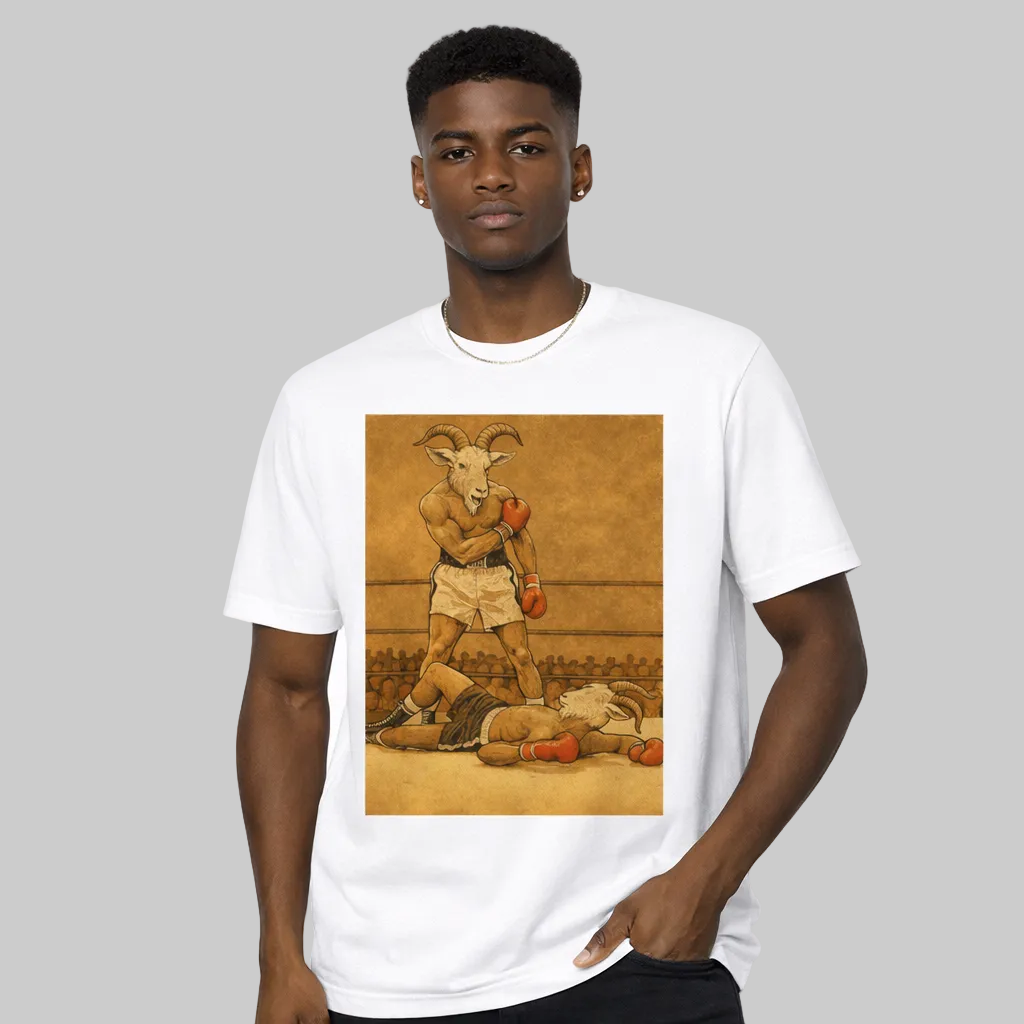 Person wearing a white t-shirt with a graphic design of a goat boxing a bear.