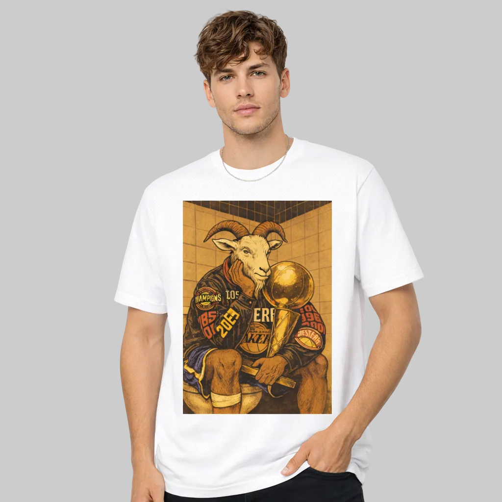 Man wearing a white t-shirt with a graphic design of a goat holding a globe.