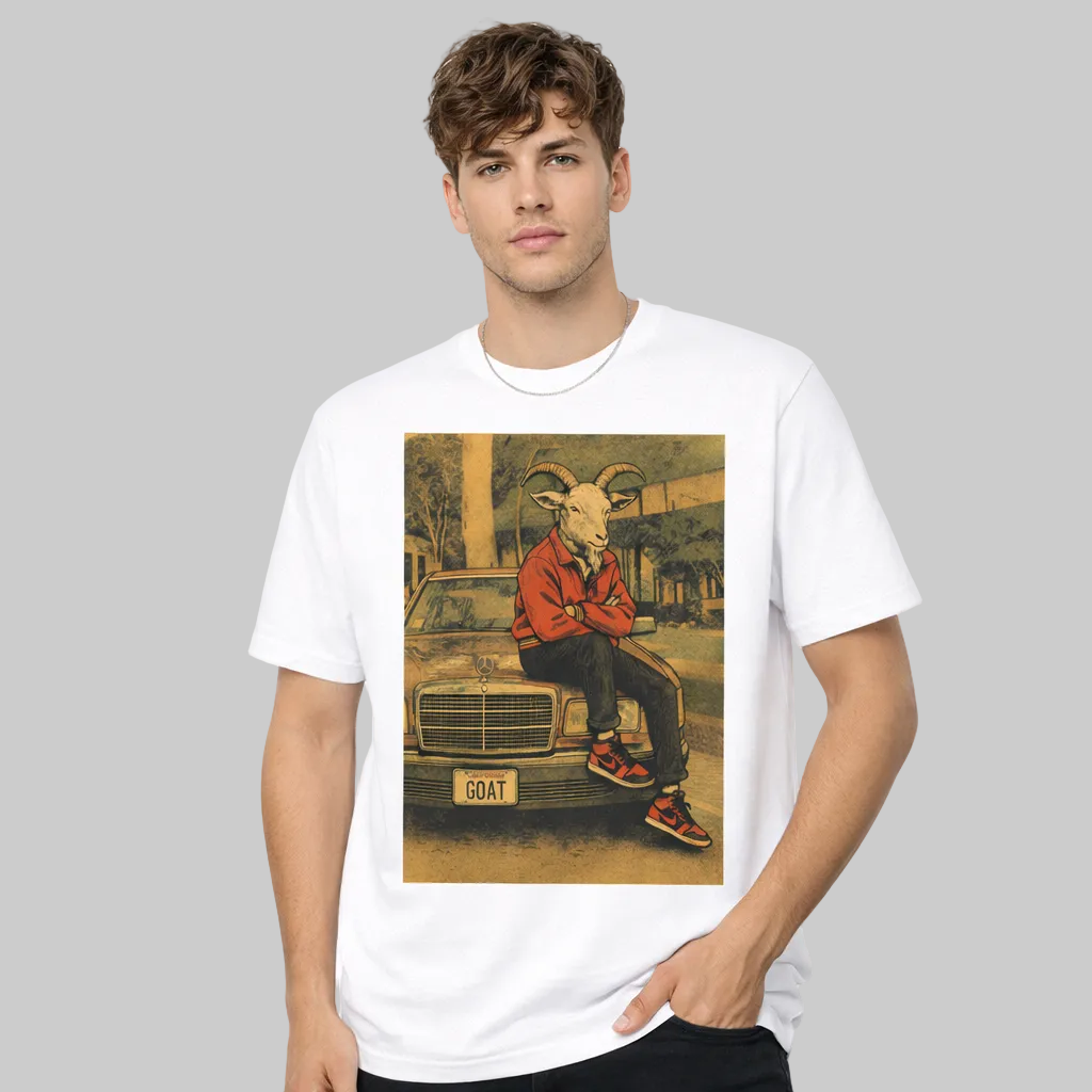 Person wearing a white t-shirt with a graphic design of a person in a red jacket sitting on a car with a goat head, labeled 'GOAT'.