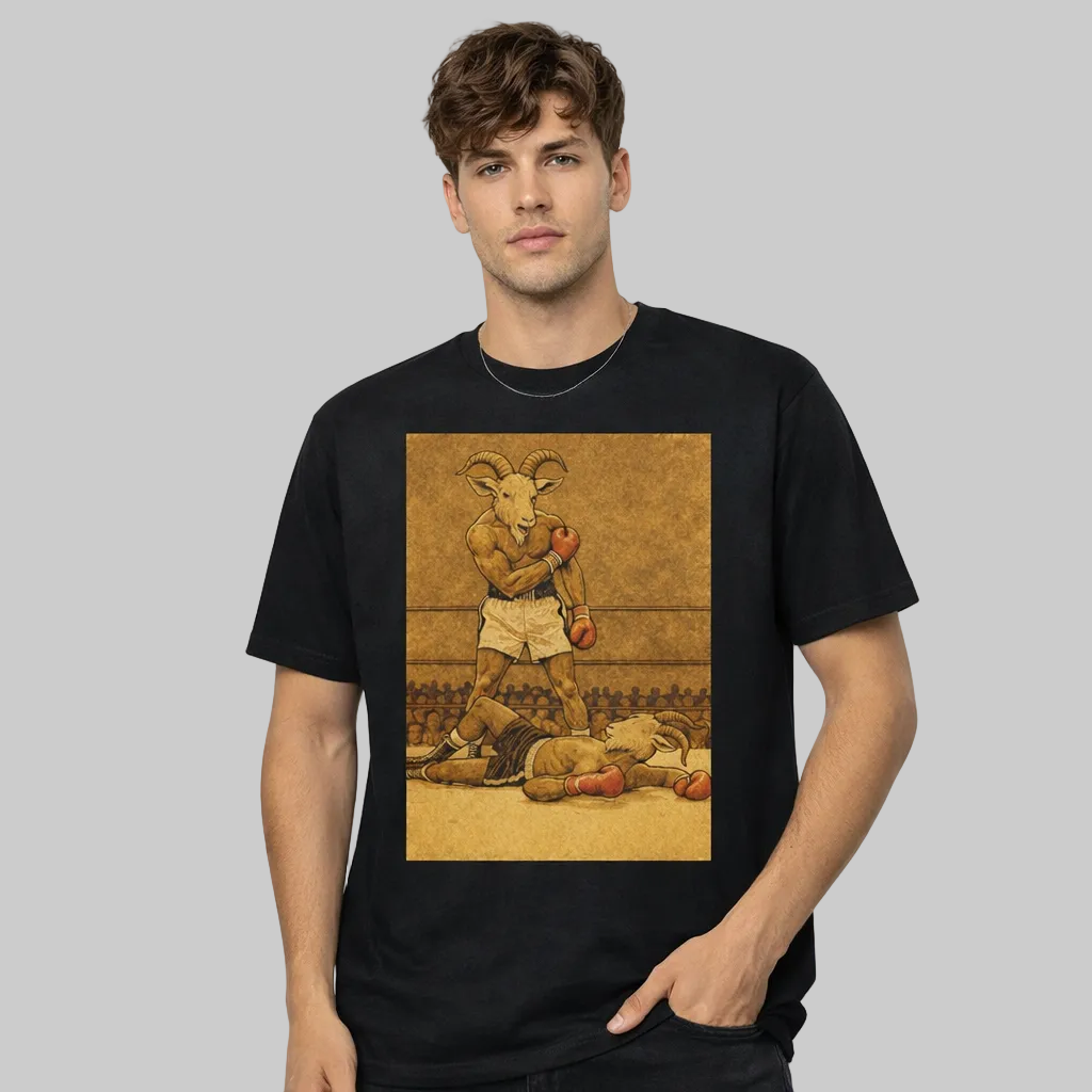 Person wearing a black t-shirt with a graphic design of a ram and boxing gloves on a plain background