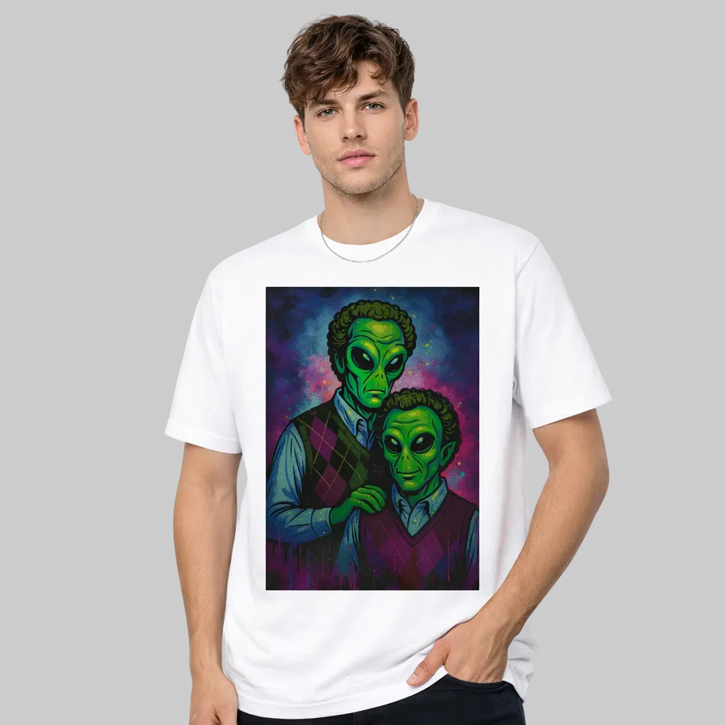 Person wearing a white t-shirt with an alien design on a white background