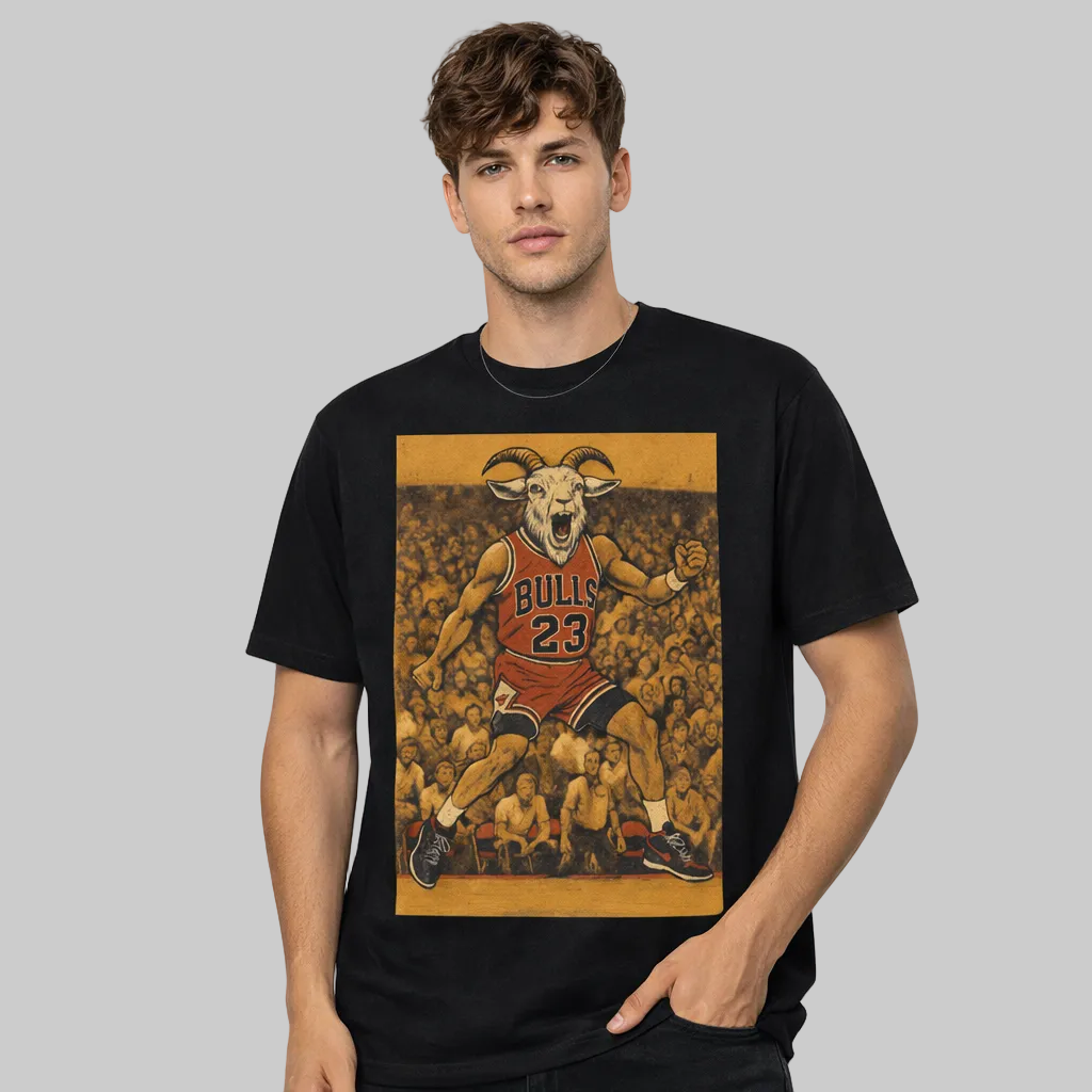 Person wearing a black t-shirt with a graphic design of a basketball player and ram on a white background