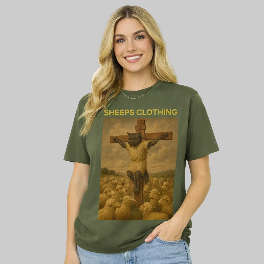 Woman wearing a green t-shirt with a graphic design and text, standing against a white background.