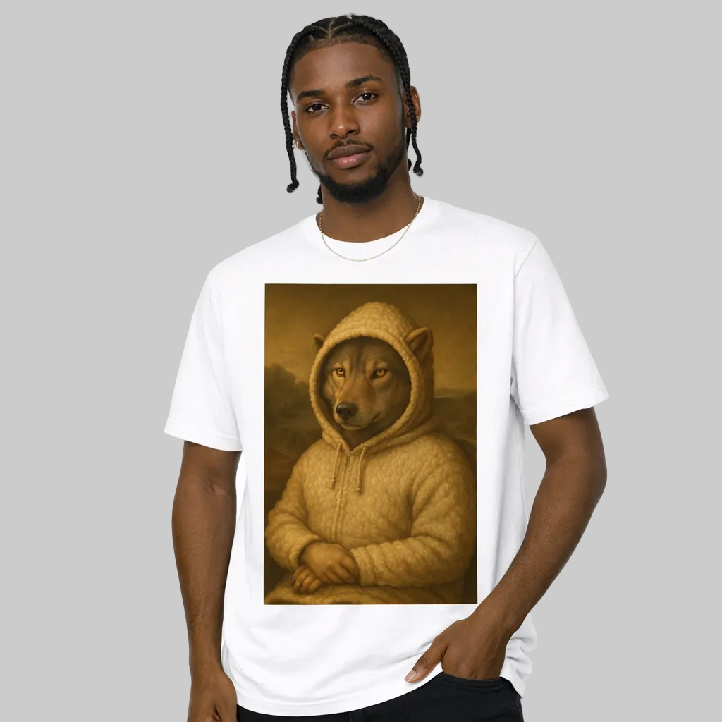Person wearing a white t-shirt with a graphic of a bear in a sweater on a white background