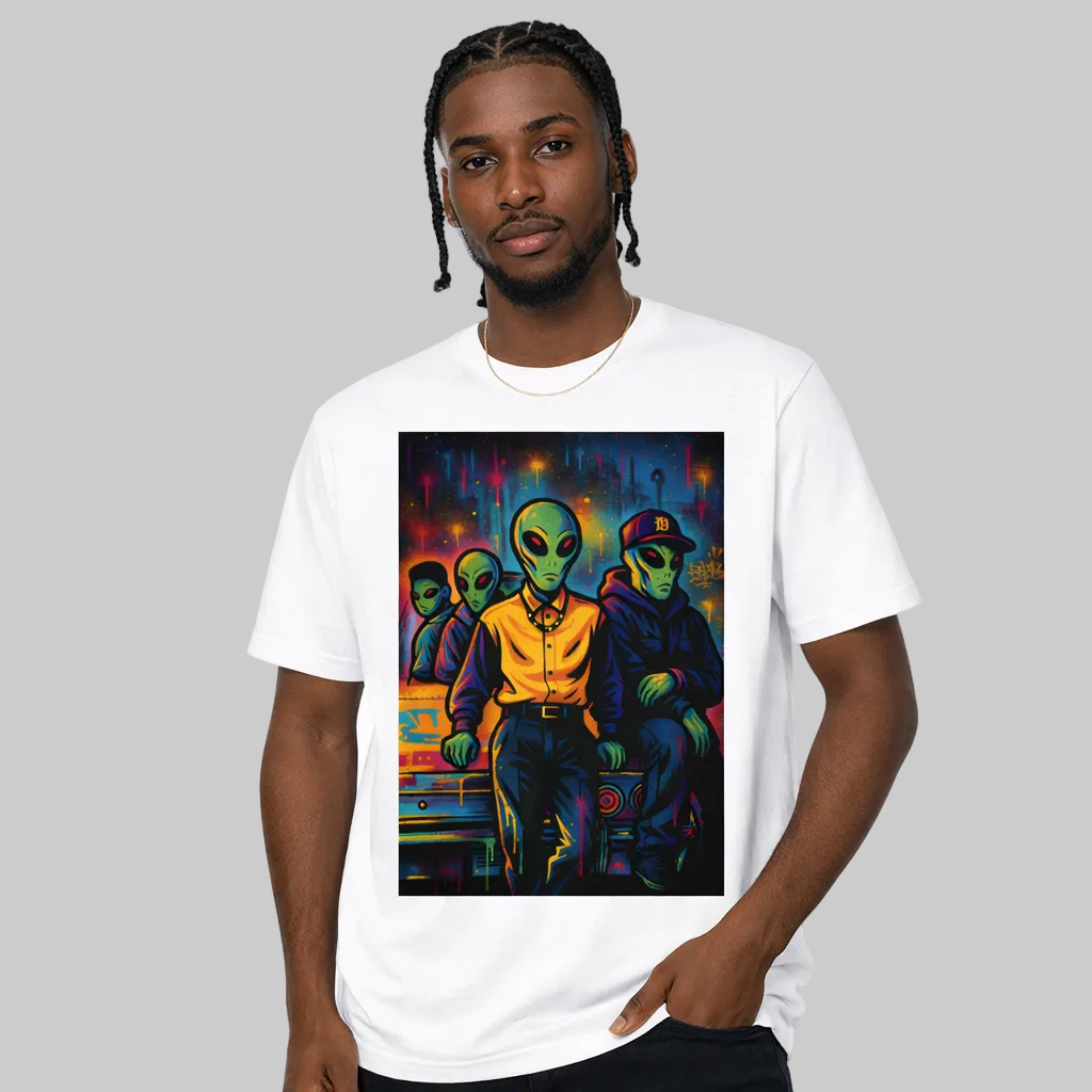Person wearing a white t-shirt with a colorful alien graphic design.