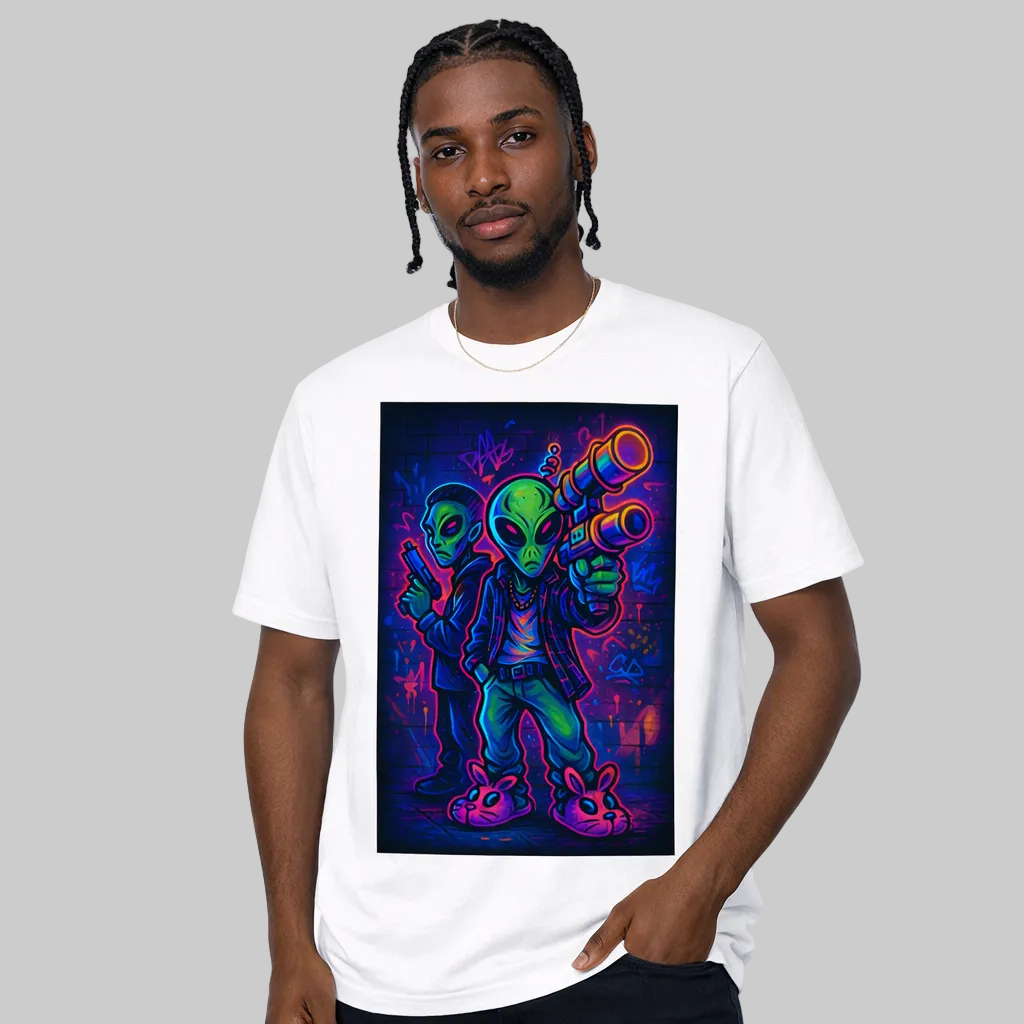 Person wearing a white t-shirt with a colorful alien graphic design on a white background