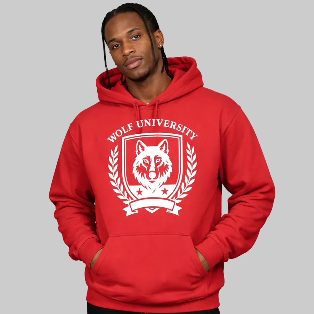 Person wearing a red hoodie with 'Wolf University' logo on a white background