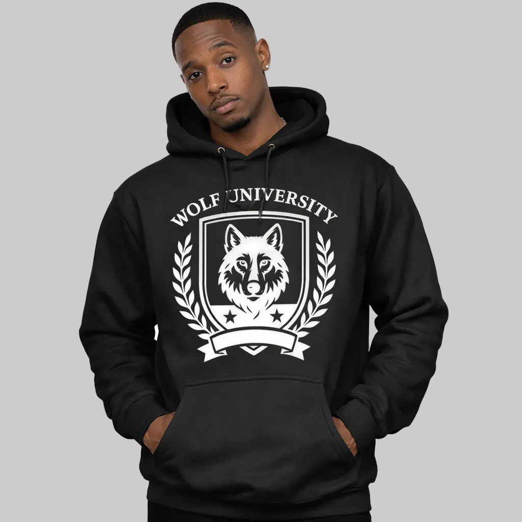 Person wearing a black hoodie with 'Wolf University' design on a white background