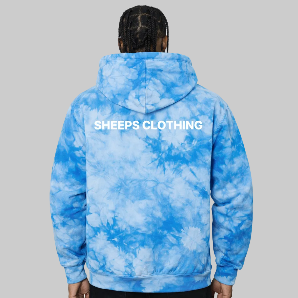 Blue tie-dye hoodie with 'Sheeps Clothing' branding on the back, worn by a person.
