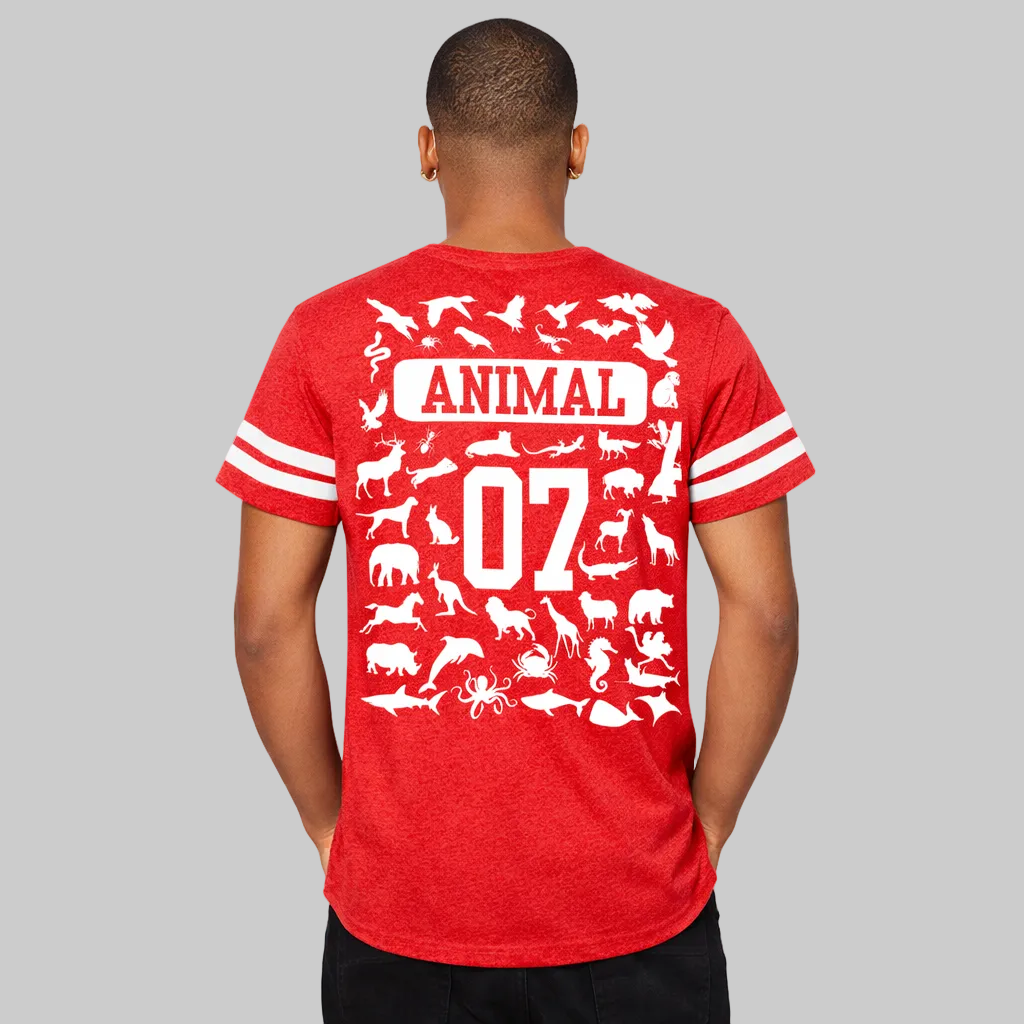 Red t-shirt with white animal illustrations and text on a white background