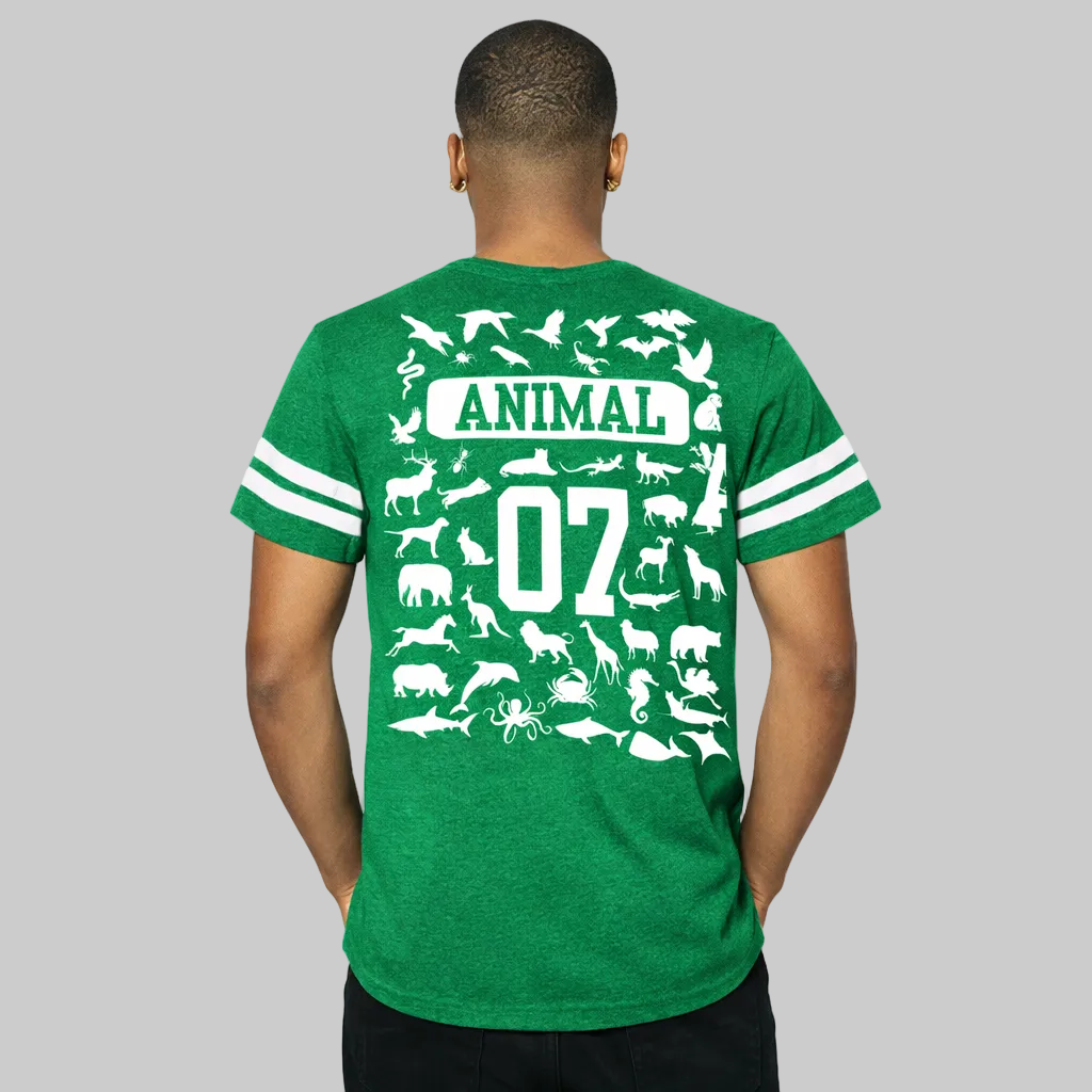 Green t-shirt with animal illustrations and 'ANIMAL 07' text on the back, worn by a person.