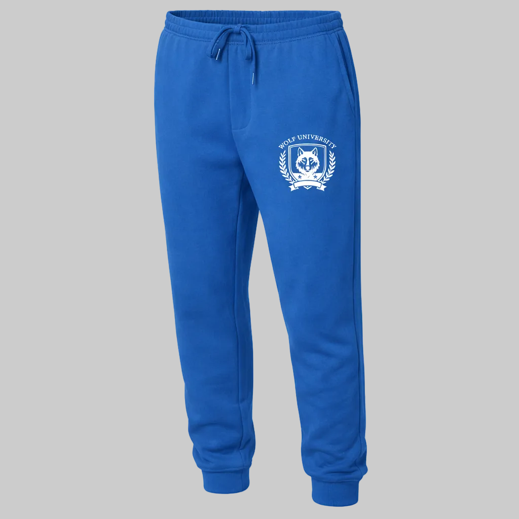 Blue sweatpants with a white logo on a white background