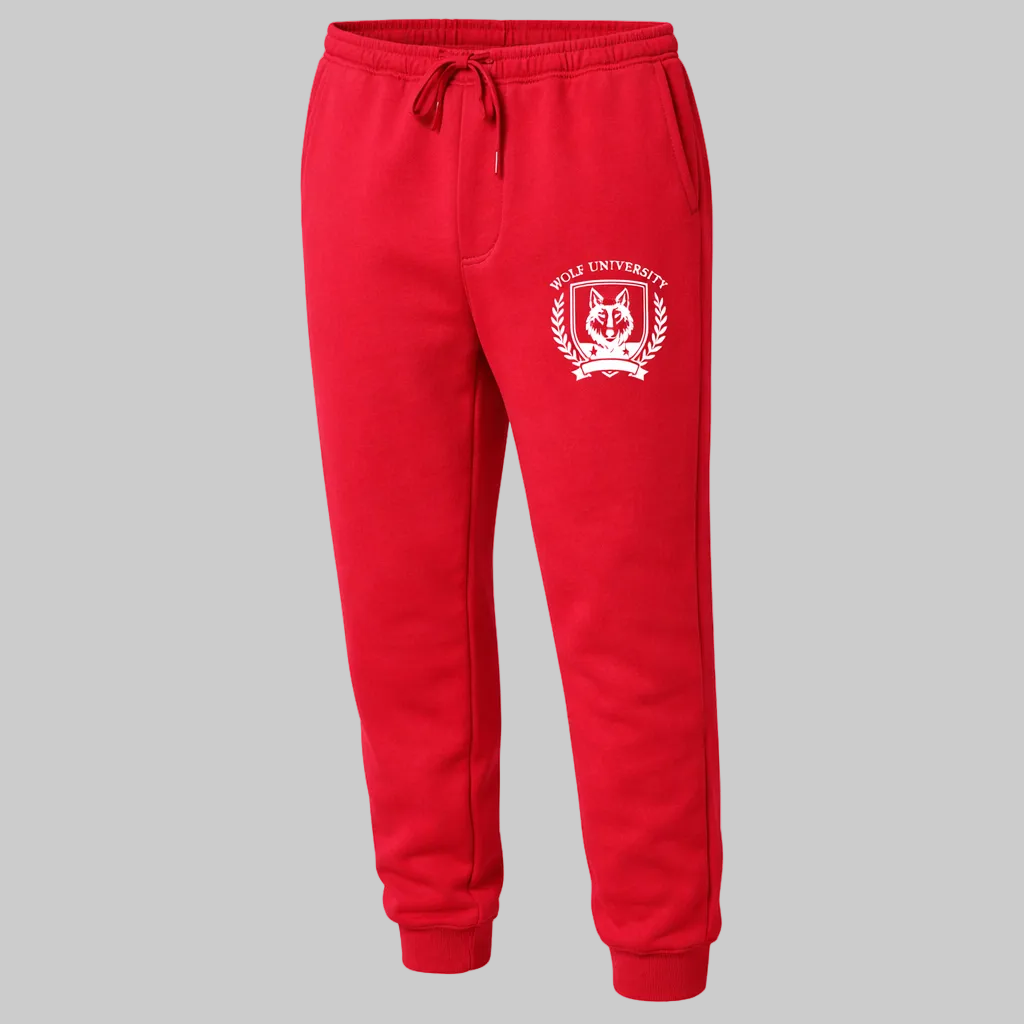 Red sweatpants with a white logo on a white background