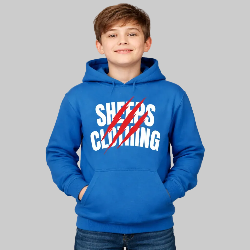 Child wearing a blue hoodie with 'Sheep's Clothing' text on a white background