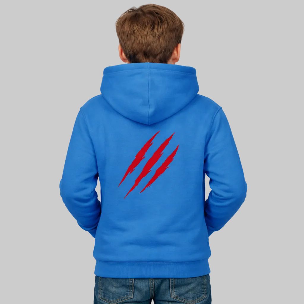 Person wearing a blue hoodie with red designs on the back against a white background