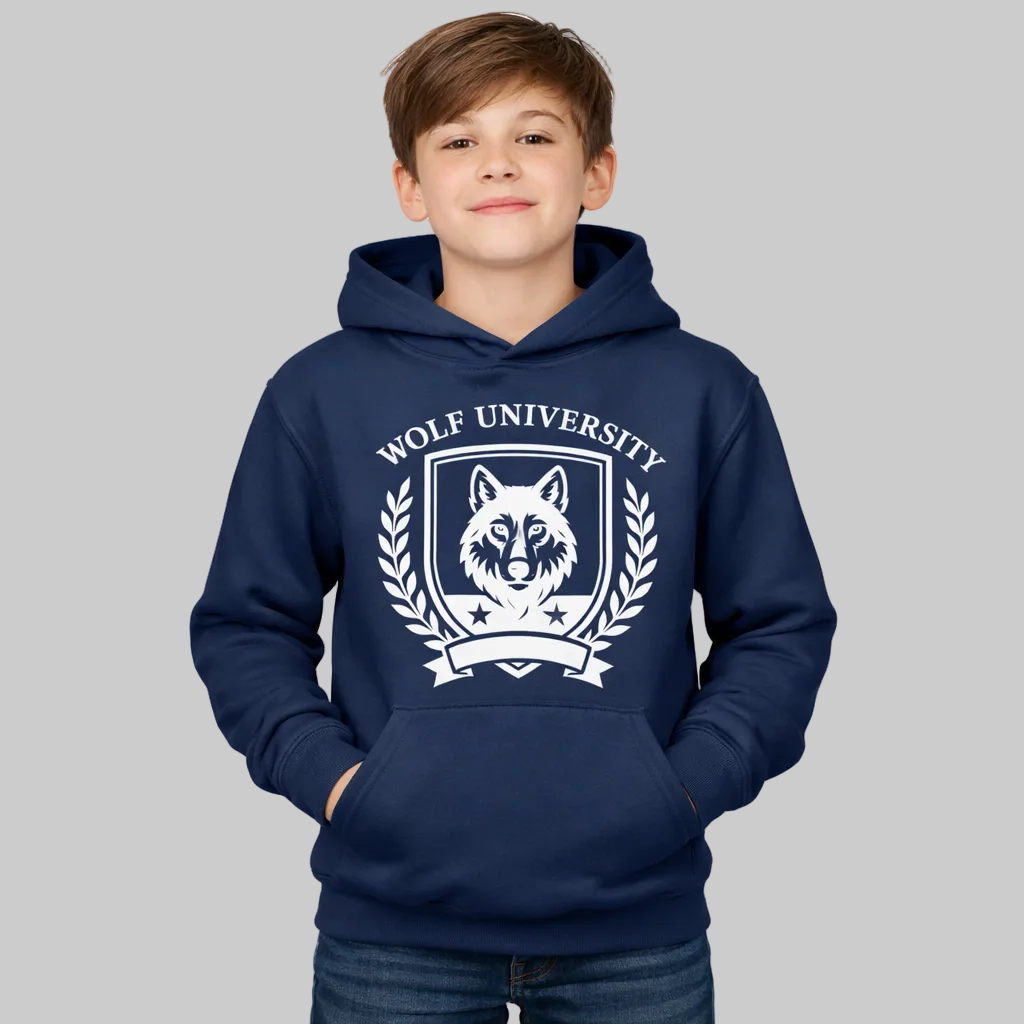 Child wearing a navy blue hoodie with 'Wolf University' logo on a white background