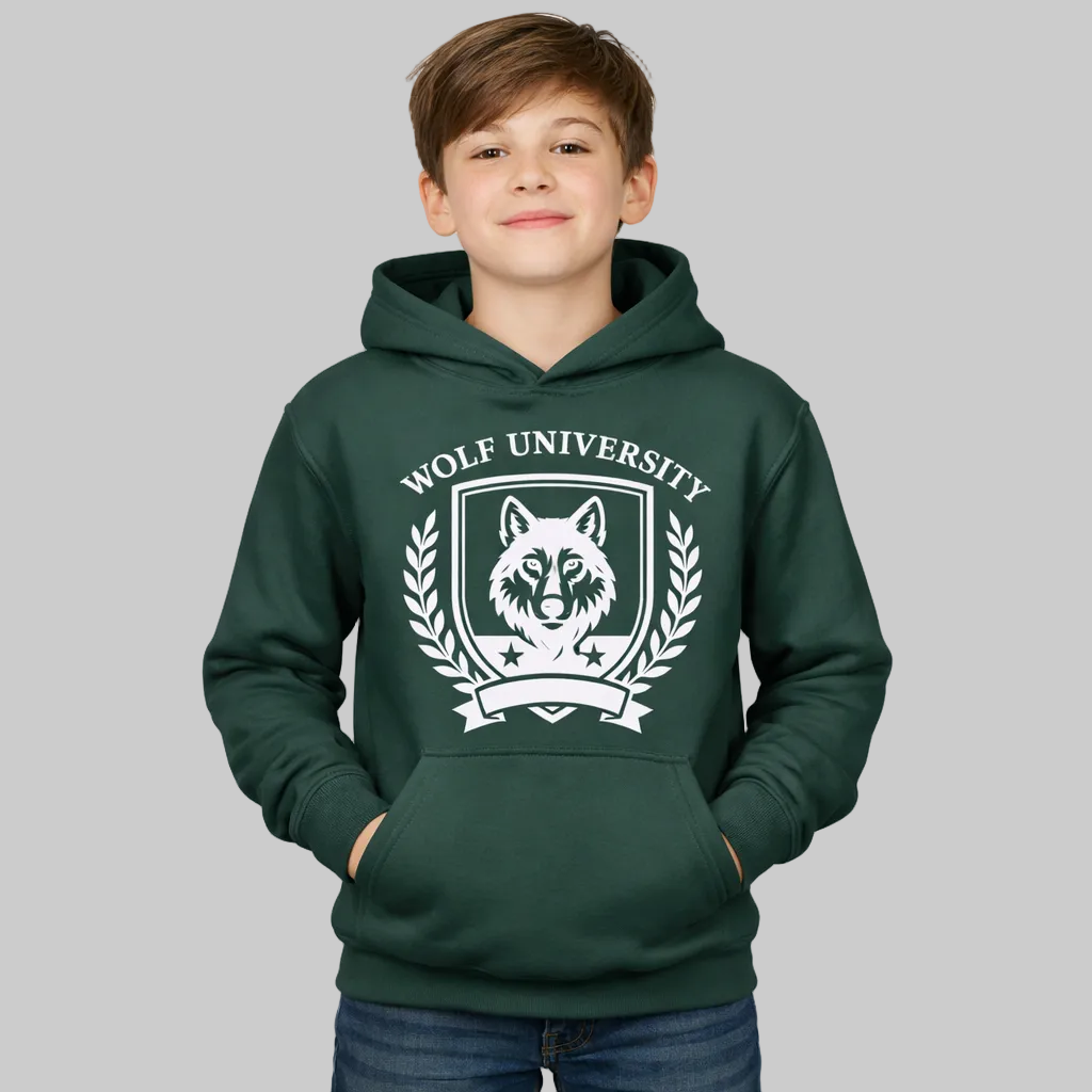 Child wearing a green hoodie with 'Wolf University' logo on a white background