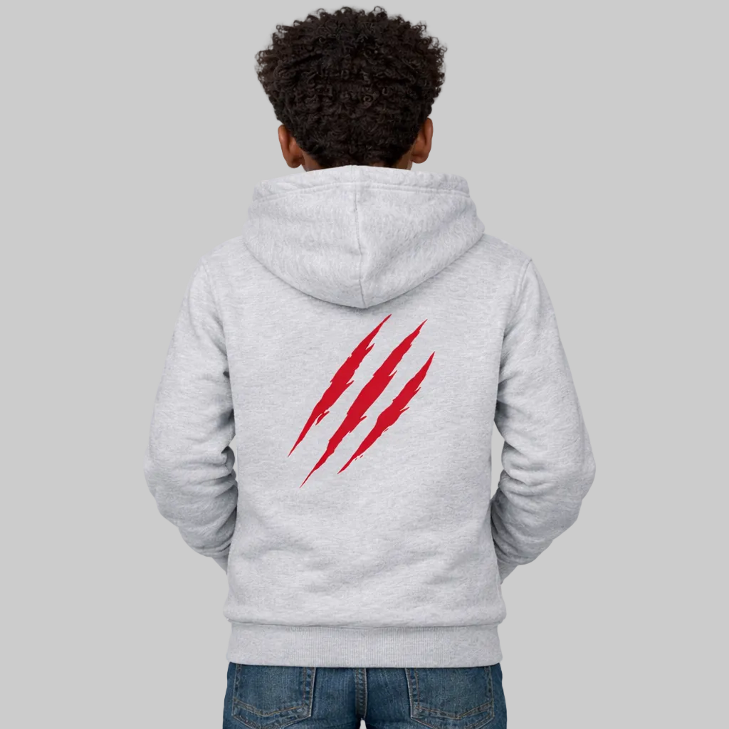 Person wearing a gray hoodie with red claw marks on the back, on a white background