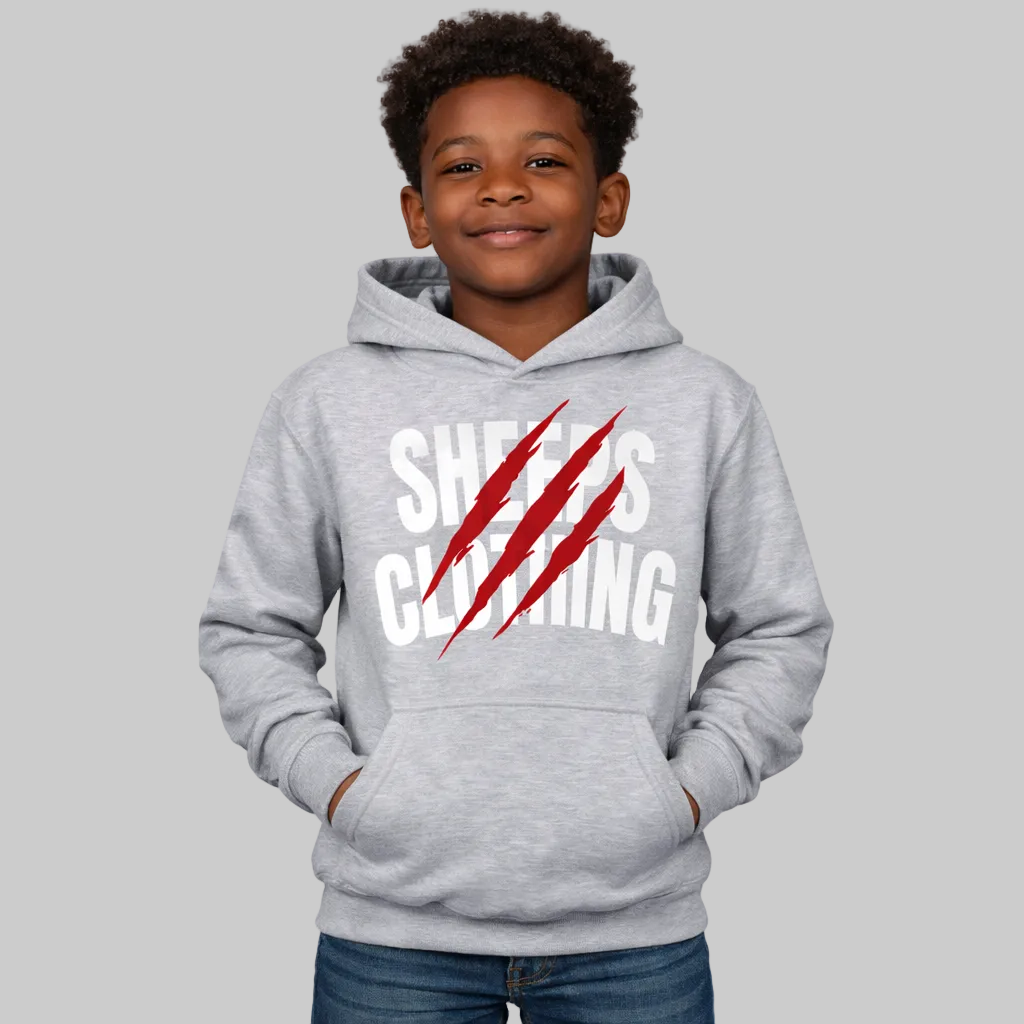 Child wearing a gray hoodie with 'Sheets Clothing' text on a white background