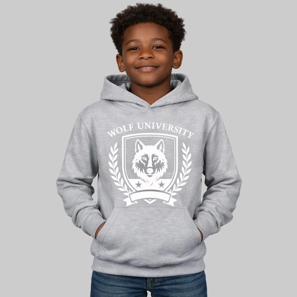Child wearing a gray hoodie with 'Wolf University' logo on a white background