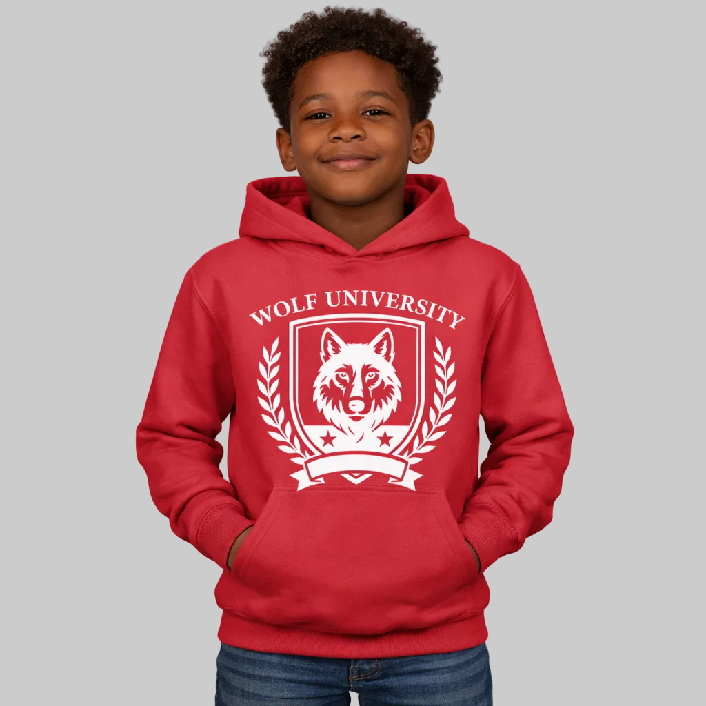 Child wearing a red hoodie with 'Wolf University' logo on a white background