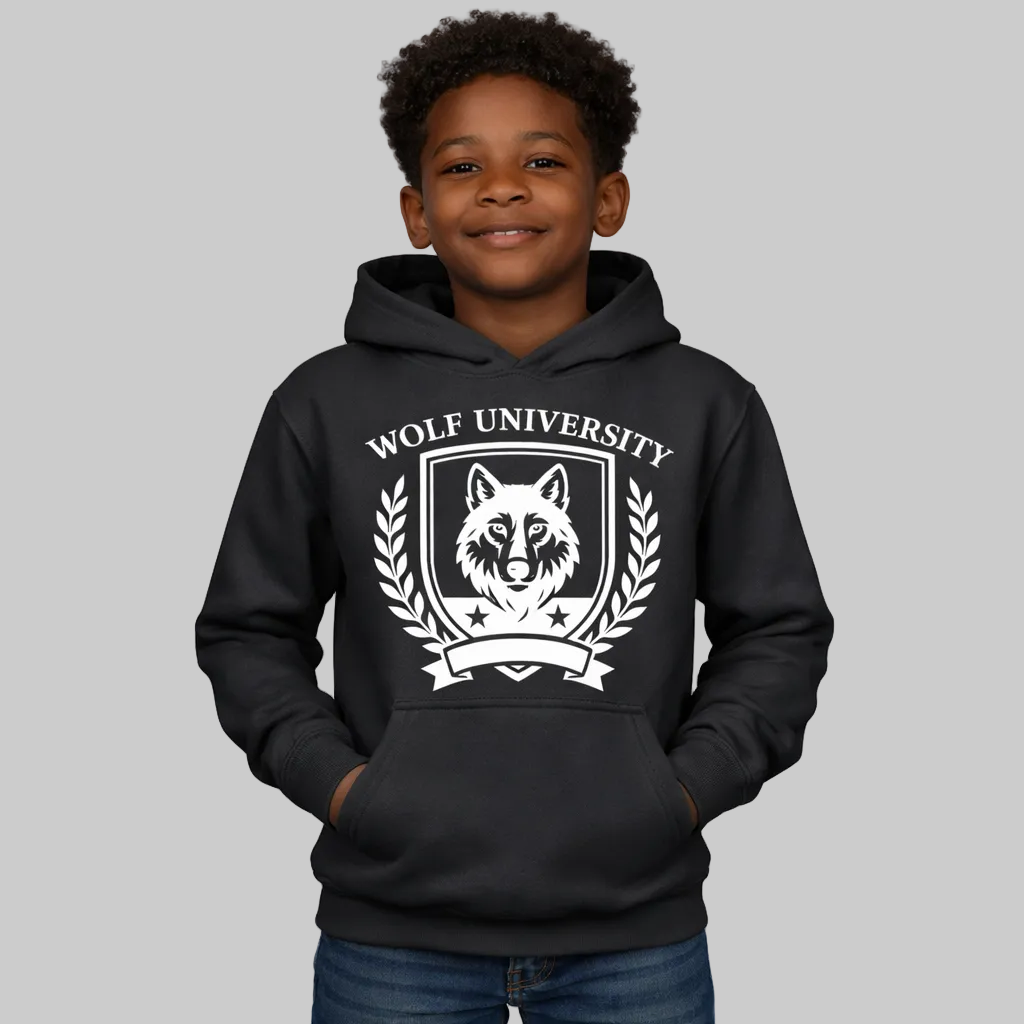 Child wearing a black hoodie with 'Wolf University' logo on a white background