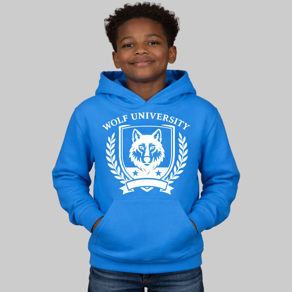 Child wearing a blue hoodie with 'Wolf University' logo on a white background