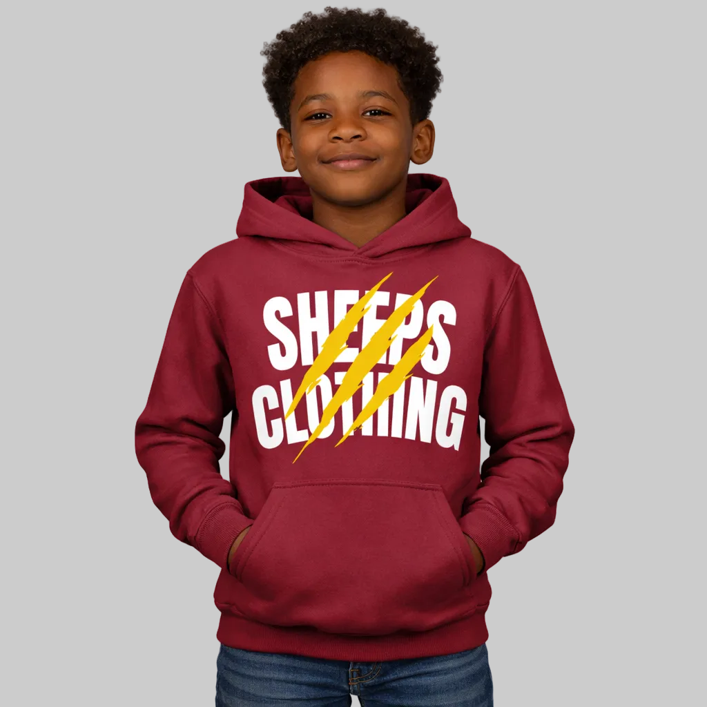 Child wearing a red hoodie with 'Sheeps Clothing' text on a white background
