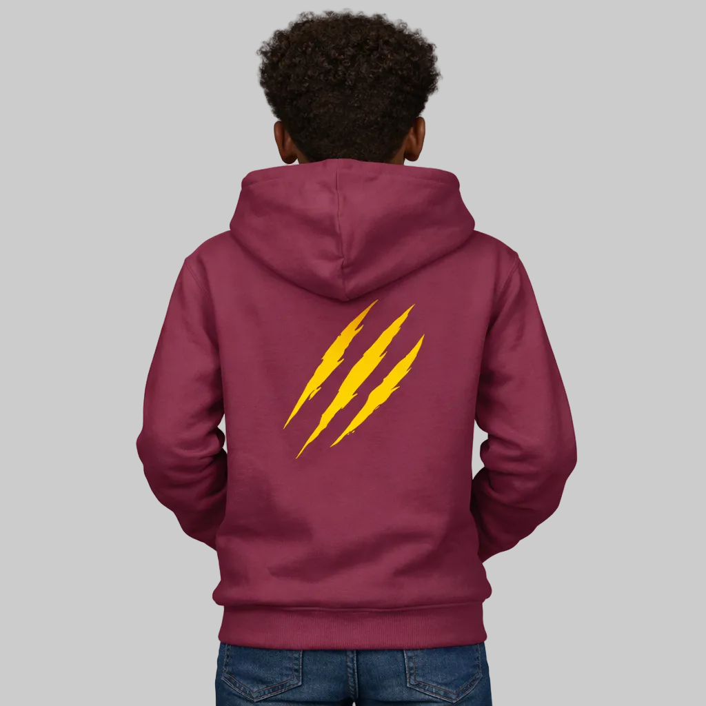 Person wearing a maroon hoodie with yellow claw marks on the back against a white background