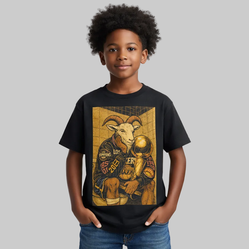 Child wearing a black t-shirt with a graphic design of a ram and text on a white background