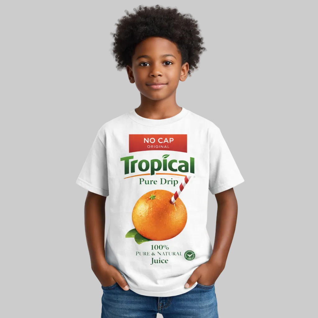 Child wearing a white t-shirt with a Tropical Pure Drip juice label design.