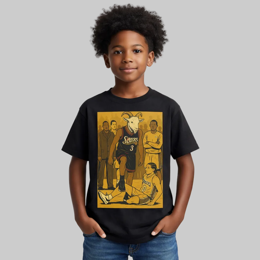 Child wearing a black t-shirt with a graphic design on a white background