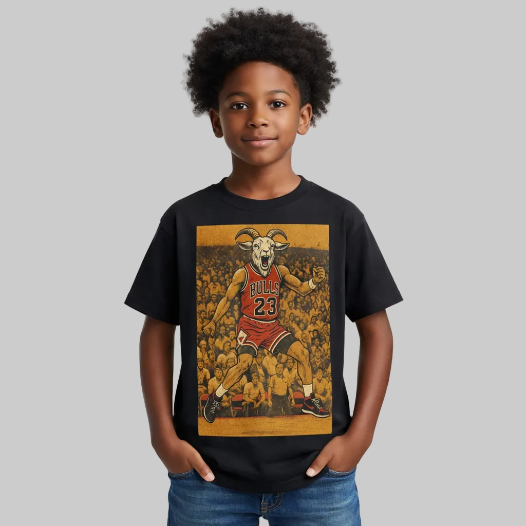 Child wearing a black t-shirt with a graphic design of a basketball player and ram, on a white background.