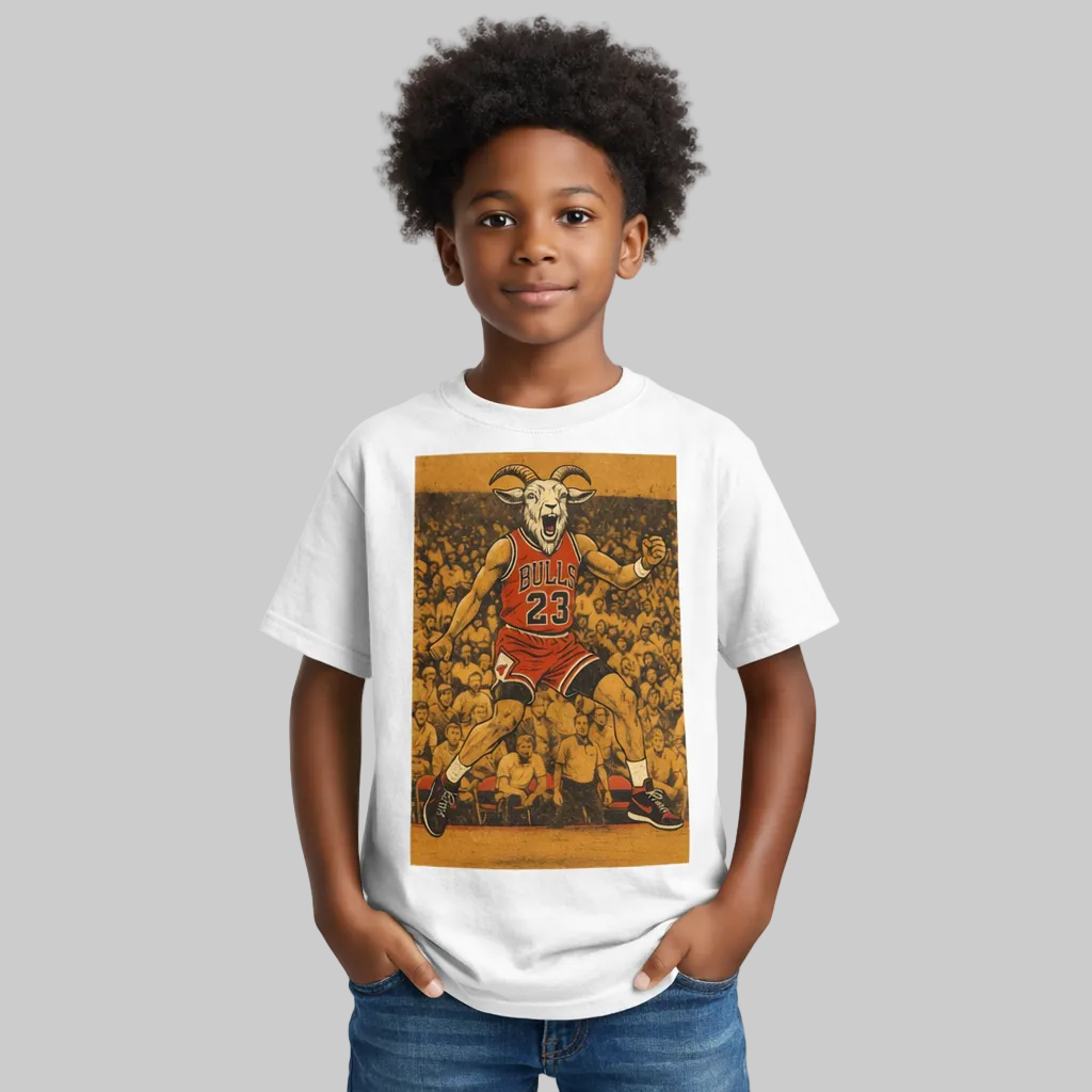 Child wearing a white t-shirt with a graphic of a basketball player and number 23 on a white background