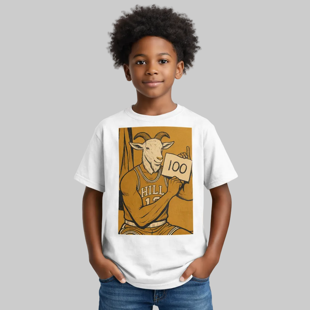 Child wearing a white t-shirt with a graphic of a goat holding a '100' sign on a white background