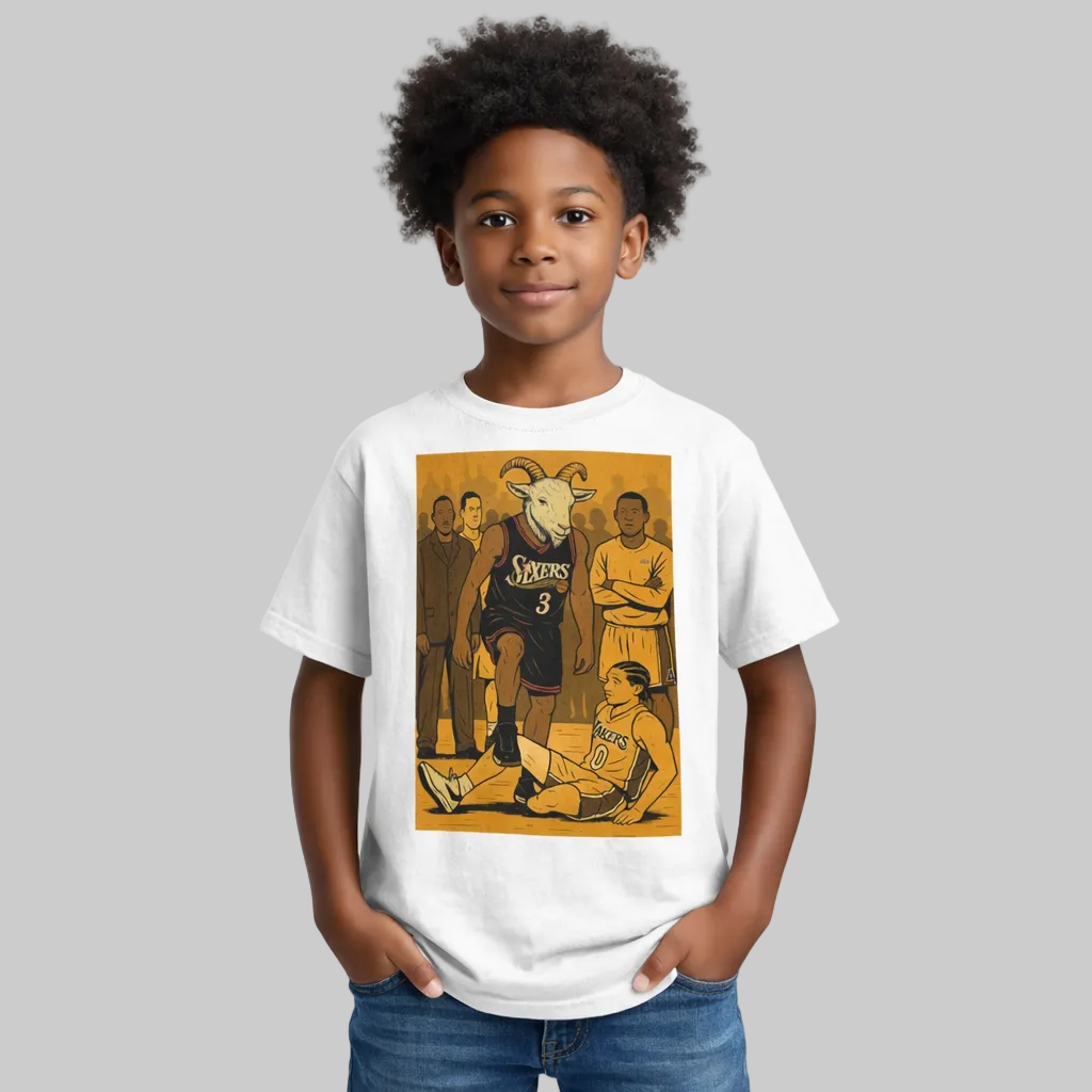 Child wearing a white t-shirt with a graphic design on a white background