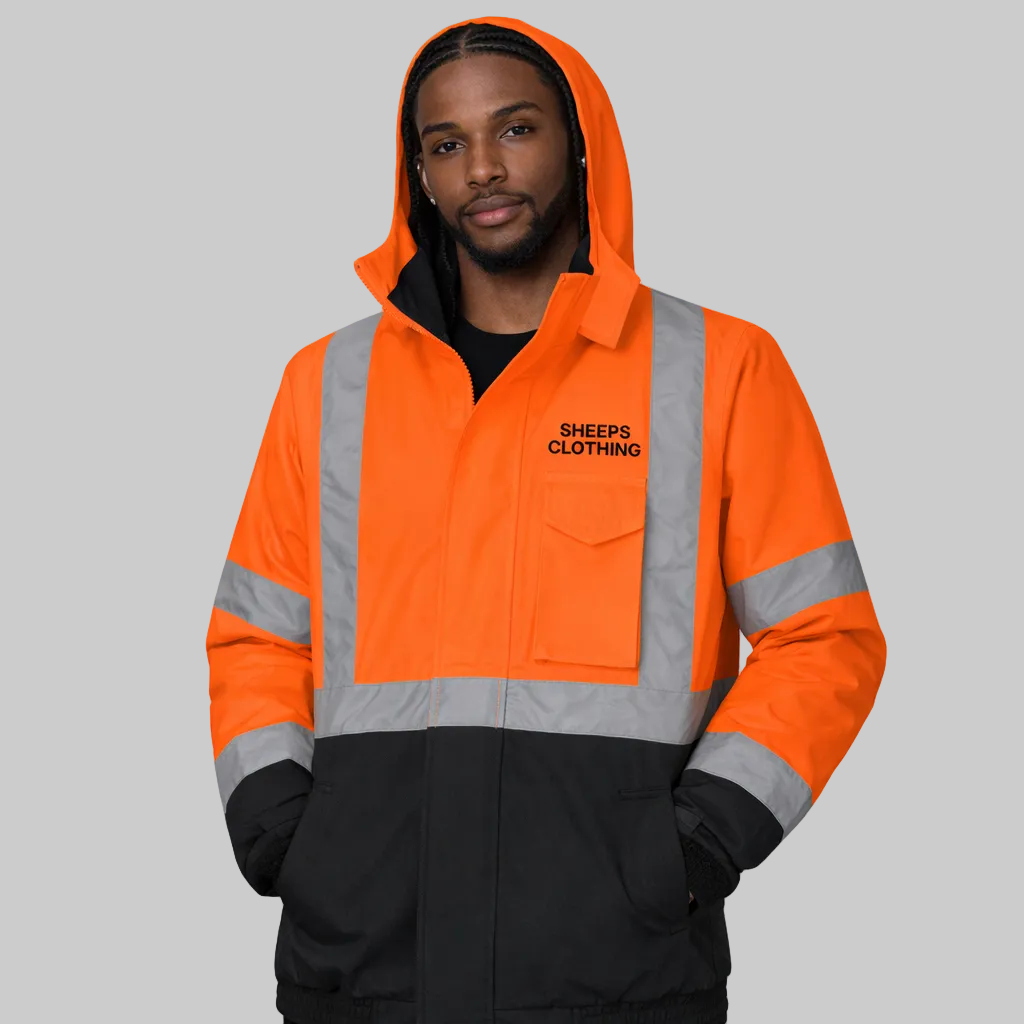Person wearing an orange and black reflective safety jacket with 'Sheeps Clothing' branding on a white background.