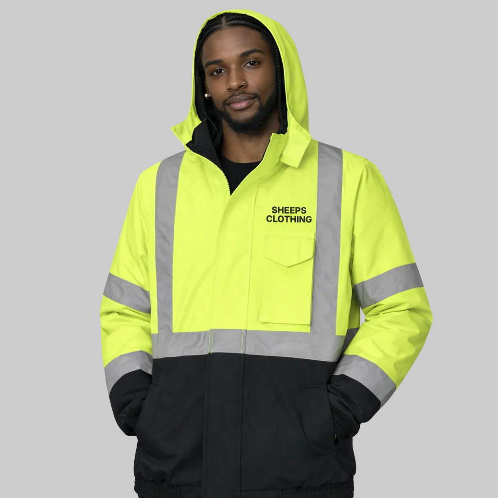 Person wearing a high-visibility safety jacket with reflective stripes on a white background
