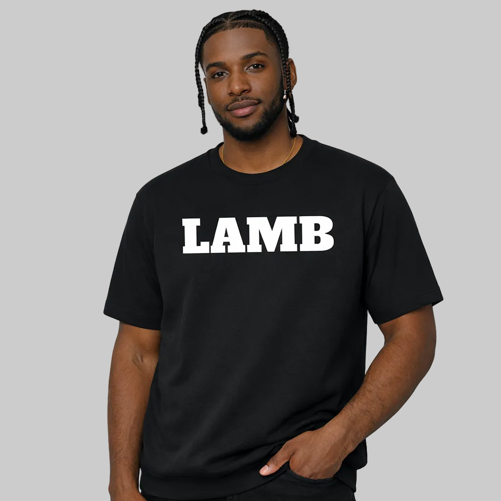Man wearing a black t-shirt with 'LAMB' printed on it against a white background